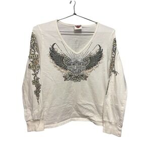 HARLEY DAVIDSON Women's Large V-neck Cream Cotton White USA